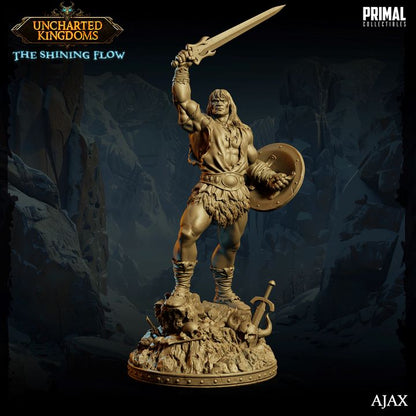 Image of Ajax, a muscular barbarian wielding a large sword and a round shield, standing triumphantly on a rocky base with a fallen sword beside him.