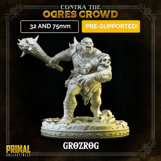 Ogre warrior Grozrog miniature holding a spiked club, wearing trophies of bones and skulls, standing on a rocky base in a menacing pose.