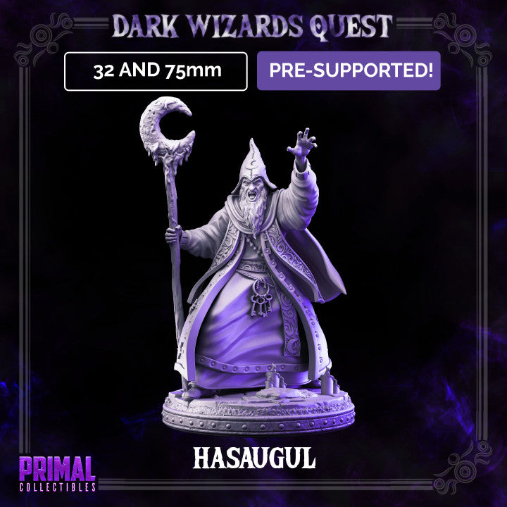 High Mage Hasaugul miniature in a dynamic pose, wearing elaborate robes, casting a spell with one hand, and holding a mystical staff, standing on a decorative base.