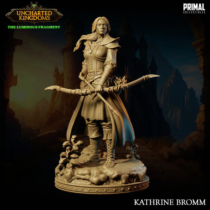 Kathrine Bromm, a human female fighter, holding a large bow, dressed in leather armor with metal pauldrons, standing in front of a darkened fortress with vines at her feet.