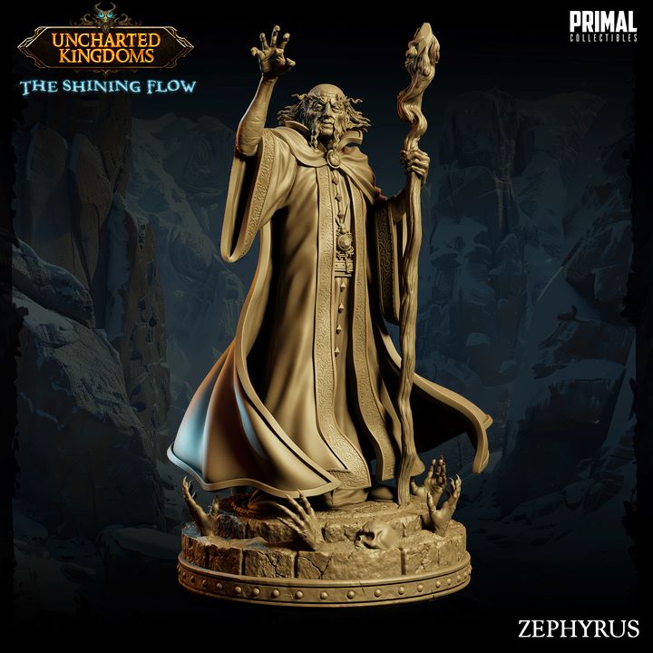 Full-figure of Zephyrus, the Dark Wizard, with his staff raised, surrounded by hands emerging from the ground on a detailed base.