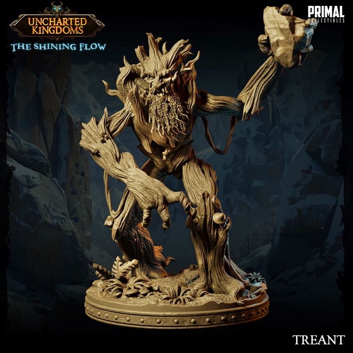 Treant miniature holding a large rock, showcasing the intricate textures of its bark and root-covered limbs on a forest-themed base.