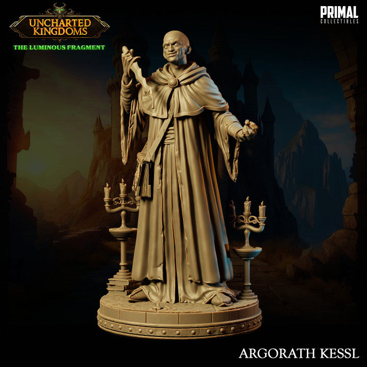 Male human dark wizard Argorath Kessl standing in ornate robes with a dagger, surrounded by candles on a stone platform.