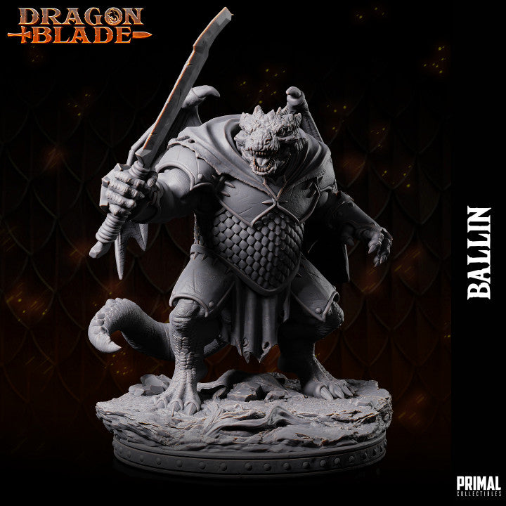 Draconian Warrior miniature named Ballin, holding a large blade and clad in battle armor, ideal for D&D, Pathfinder, and other tabletop RPGs.