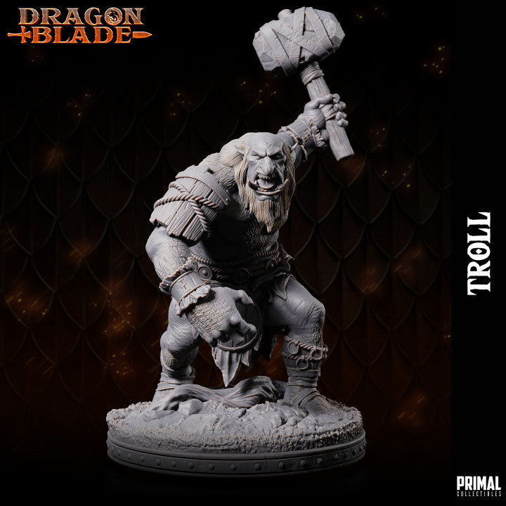 Troll wielding a massive hammer, adorned with rugged armor and feral features, standing on a rocky base, exuding raw strength and menace.