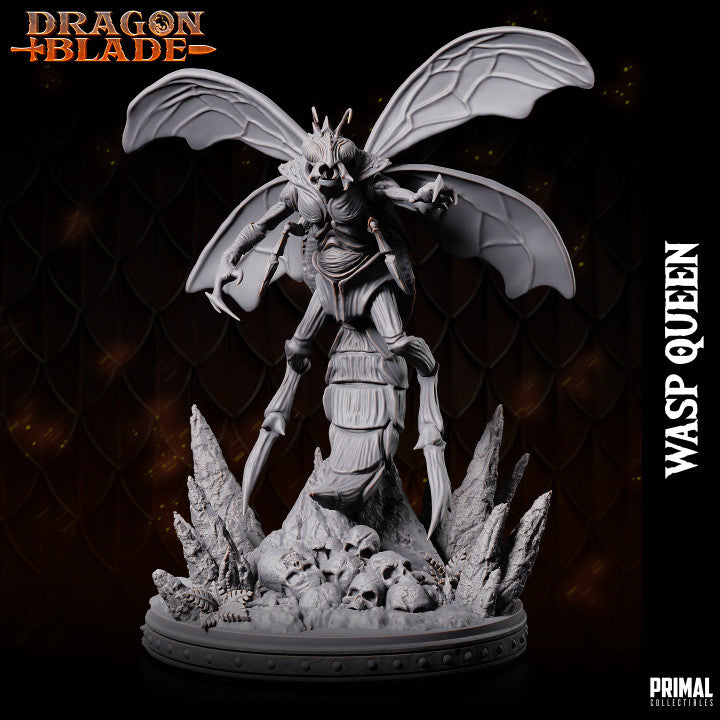 Wasp Queen miniature, menacing insectoid creature with large wings and a spiked abdomen, standing atop a mound of skulls.