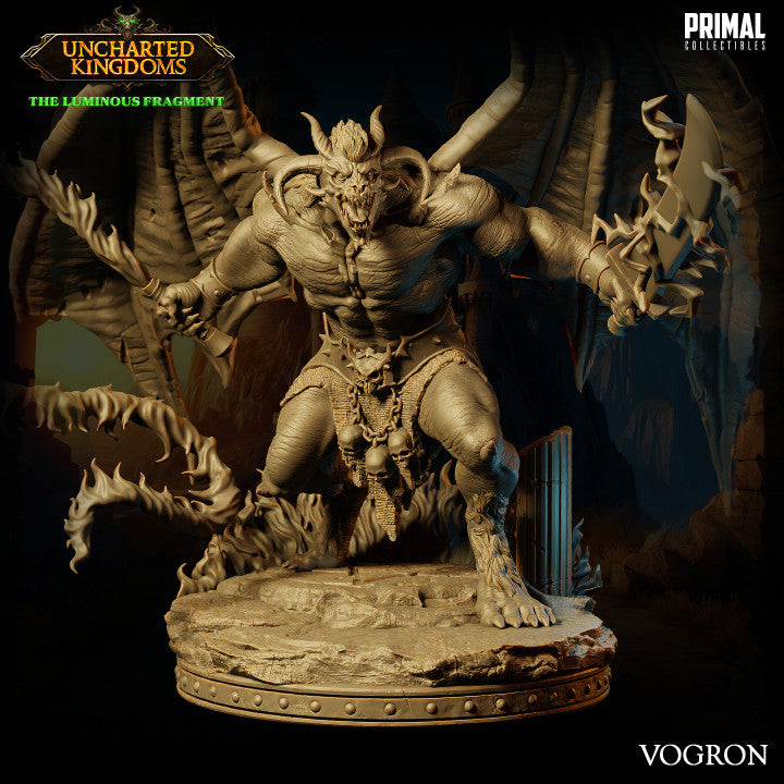 Demon or Balor named Vogron depicted with large wings, holding twin axes, and standing in a fierce stance. He is muscular with demonic horns, chains, and a loincloth, perfect for dark fantasy RPG settings.