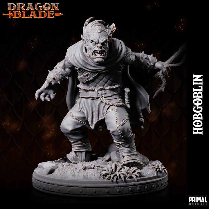 Hobgoblin rogue miniature crouching with a spear, draped in a cloak, ready to strike, perfect for fantasy TTRPGs such as Pathfinder.