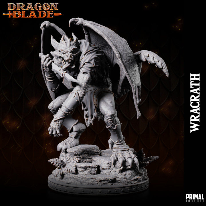 Front view of Wracrath, the Draconian Assassin, crouched with wings spread, ready to strike with a dagger.