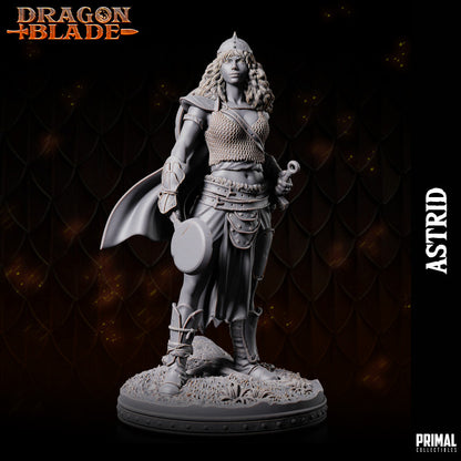 Fighter-Rogue Astrid 3D miniature with chainmail armor, shield, and sword, ideal for tabletop RPGs like D&D and Pathfinder.