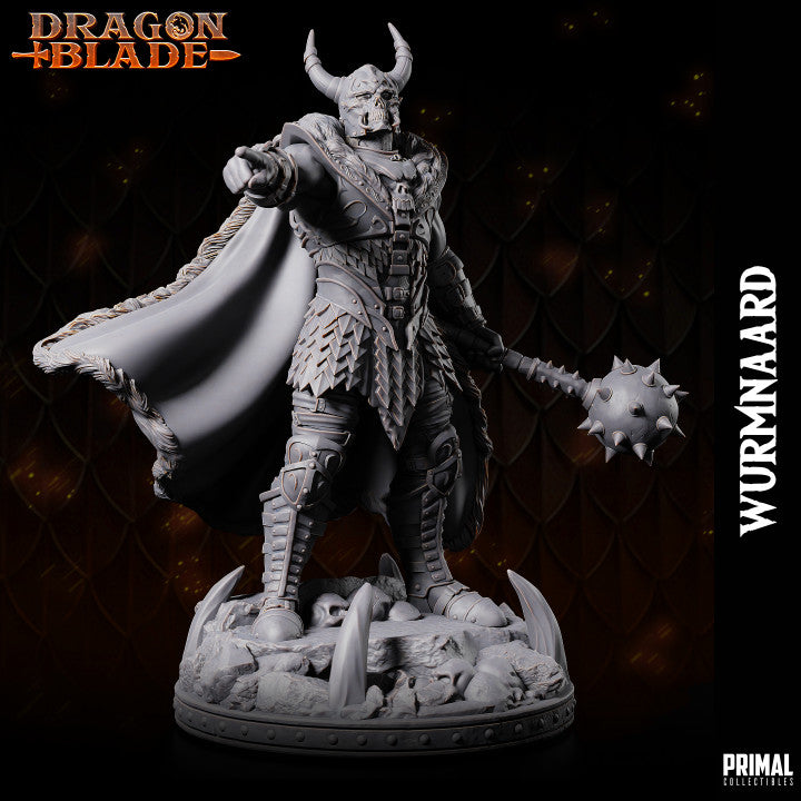 Front view of Wurmnaard miniature, armored with horned helmet, spiked mace, and flowing cape, standing on a base of bones.