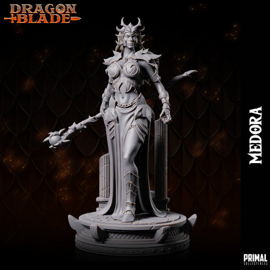 Medora Dragon Dark Queen miniature for DnD and Pathfinder, standing regally with a spiked crown, ornate armor, flowing skirt, and a staff held at her side on a decorated round base, perfect fantasy RPG figure.