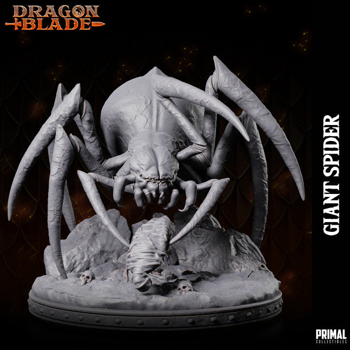 Giant spider miniature with segmented legs and sharp fangs, crouching on a rocky base decorated with bones and skulls, evoking a sense of terror.