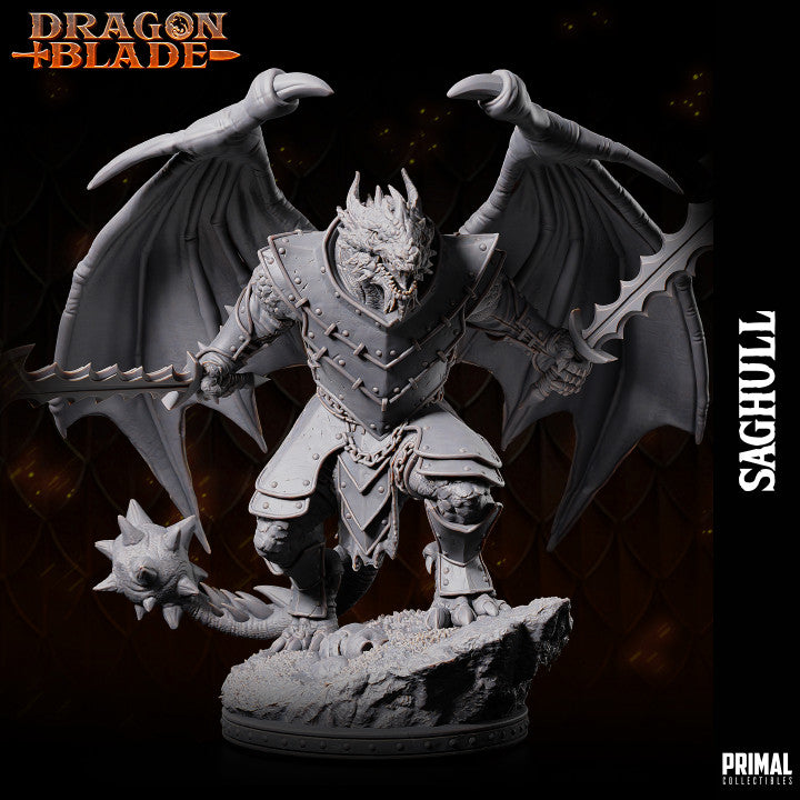 Front view of the Draconian Saghull miniature, showcasing its fearsome stance, large wings, and heavy armor, holding a serrated blade and spiked tail.