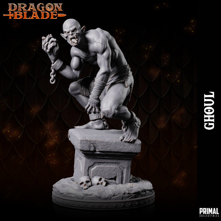 Ghoul miniature crouching on a stone pedestal with chains and skulls.