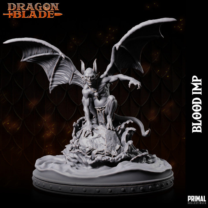 Blood Imp miniature in a crouched position, wings spread wide, with a demonic expression, standing on a flowing base.