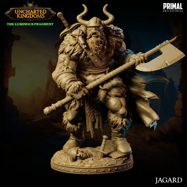 Jagard, the Barbarian King, stands menacingly with a double-headed axe, clad in heavy furs and a horned helmet, over the fallen remains of his enemies.