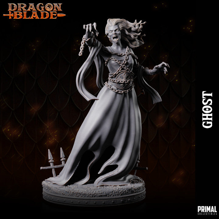 A female ghost miniature in flowing chains with a haunting expression, reaching out with one hand, from Primal Collectibles.