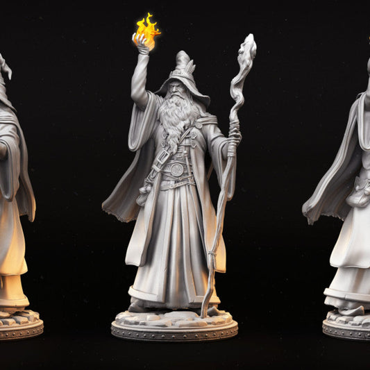 Human male wizard holding a staff and conjuring flame, dressed in flowing robes with a long beard and hat.