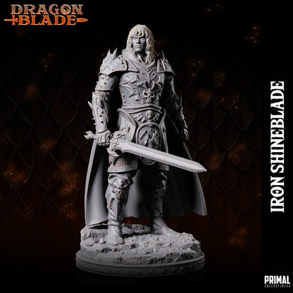 Fighter Iron Shineblade 3D miniature in heavy armor wielding a massive sword, perfect for D&D, Pathfinder, and other tabletop RPGs