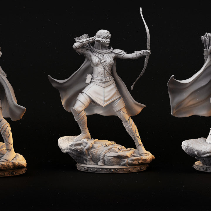 Elf Archer miniature, Azel Cailen, depicted with bow drawn, standing atop a rugged hill, ready to shoot an arrow.