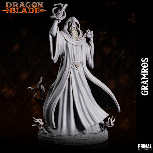 Gramros, the dark wizard, cloaked in flowing robes with a hood, conjuring shadowy tendrils from his hands, standing on a rocky base in a menacing pose.