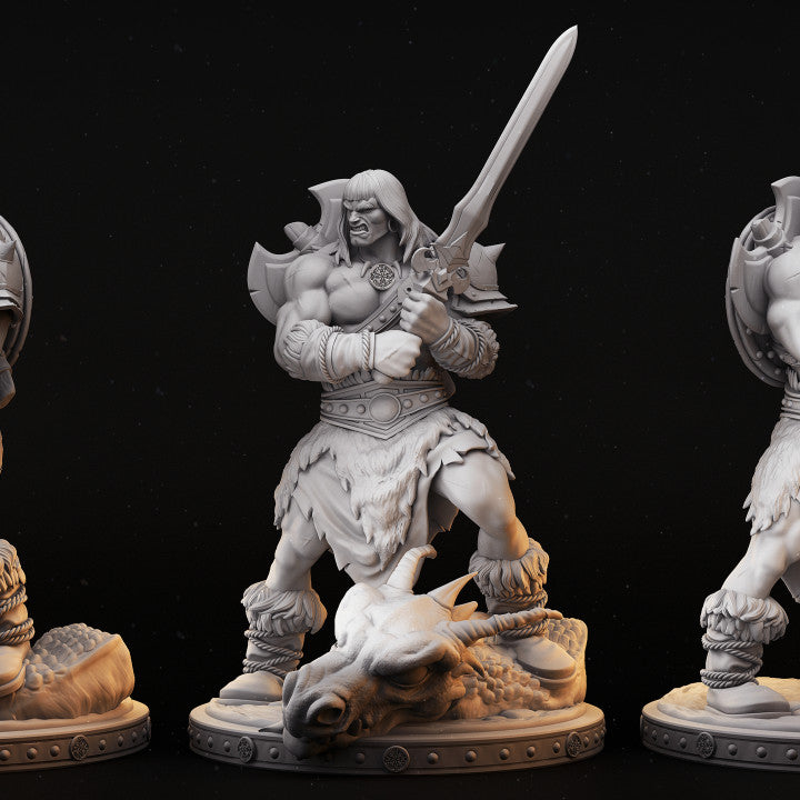 Thurkal, Barbarian miniature standing on a dragon’s head, wielding a large sword and shield, ideal for tabletop RPGs and miniature painting.