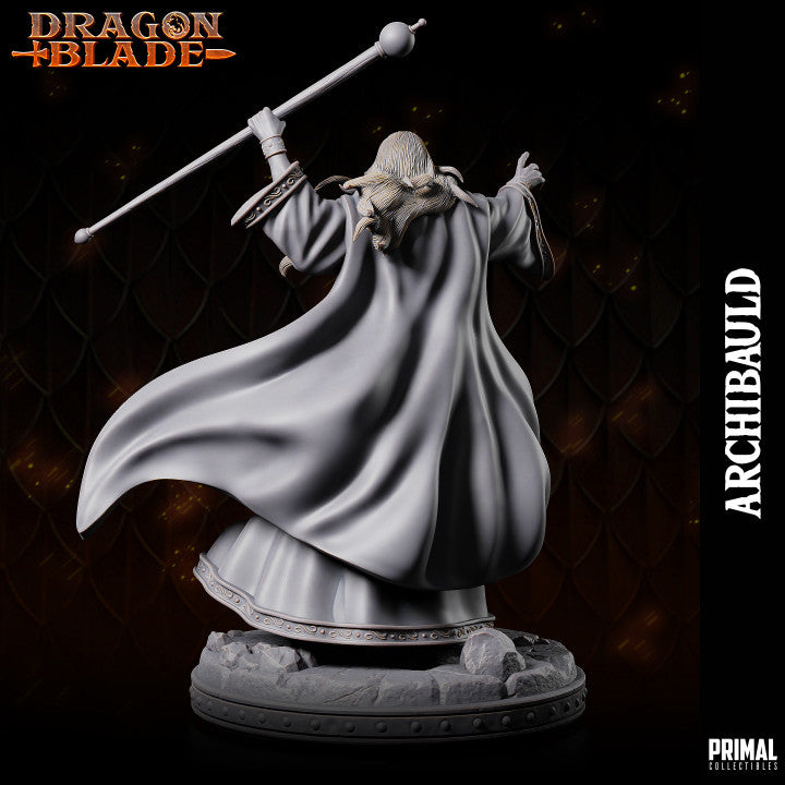 White Wizard Archibauld with flowing robes and a raised magical staff, viewed from the back.