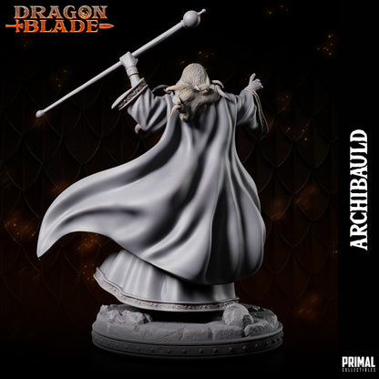 White Wizard Archibauld with flowing robes and a raised magical staff, viewed from the back.