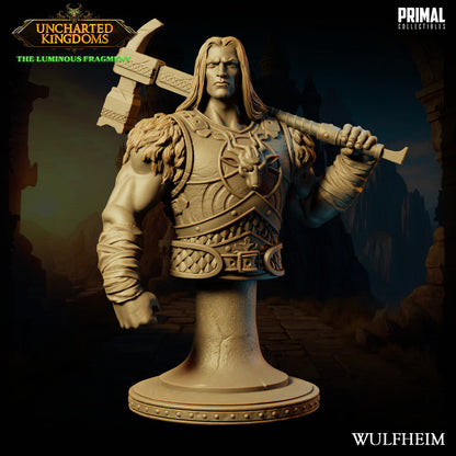 Bust of Wulfheim, the barbarian, with a warhammer over his shoulder, wearing fur-trimmed armor.