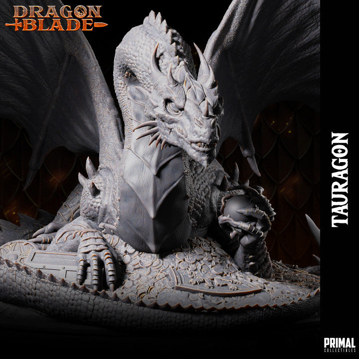 Green Dragon Tauragon 3D miniature with detailed scales, wings, and coiled tail, designed for tabletop RPGs like D&D and Pathfinder