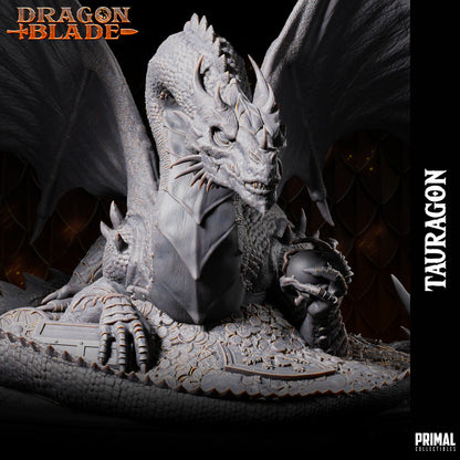 Green Dragon Tauragon 3D miniature with detailed scales, wings, and coiled tail, designed for tabletop RPGs like D&D and Pathfinder