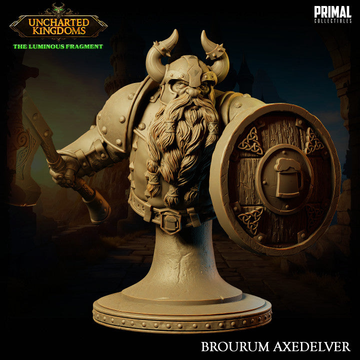 Bust of Brourum Axedelver, the dwarf warrior, holding his shield adorned with a tankard symbol and ready for battle.