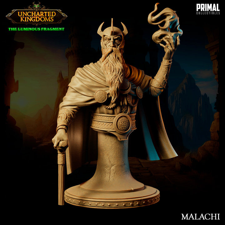 A bust of Malachi the Wizard, showcasing his intricate robes, staff, and summoning magical flames with his other hand.