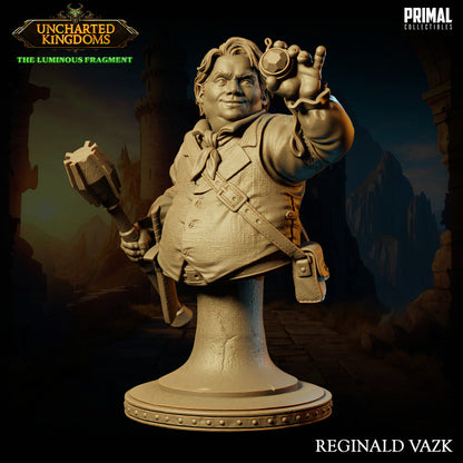 Halfling Rogue depicted as a bust, holding a mace in one hand and a gem in the other, wearing a double-breasted coat.