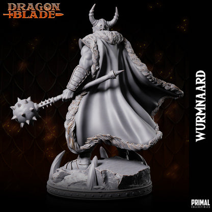 Back view of Wurmnaard miniature, showing detailed cape, armor, and spiked mace resting on shoulder.