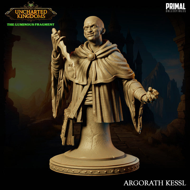 Male human dark wizard Argorath Kessl bust in robes and cloak, holding a dagger with a dark expression.