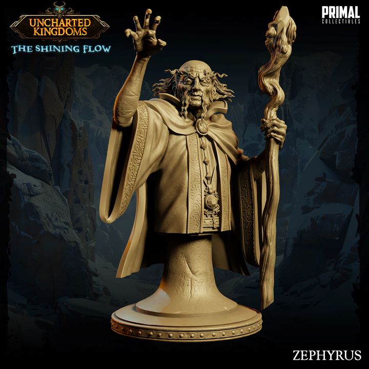 Bust of Zephyrus, the Dark Wizard, with a weathered face, flowing ornate robes, and a twisted staff in hand.