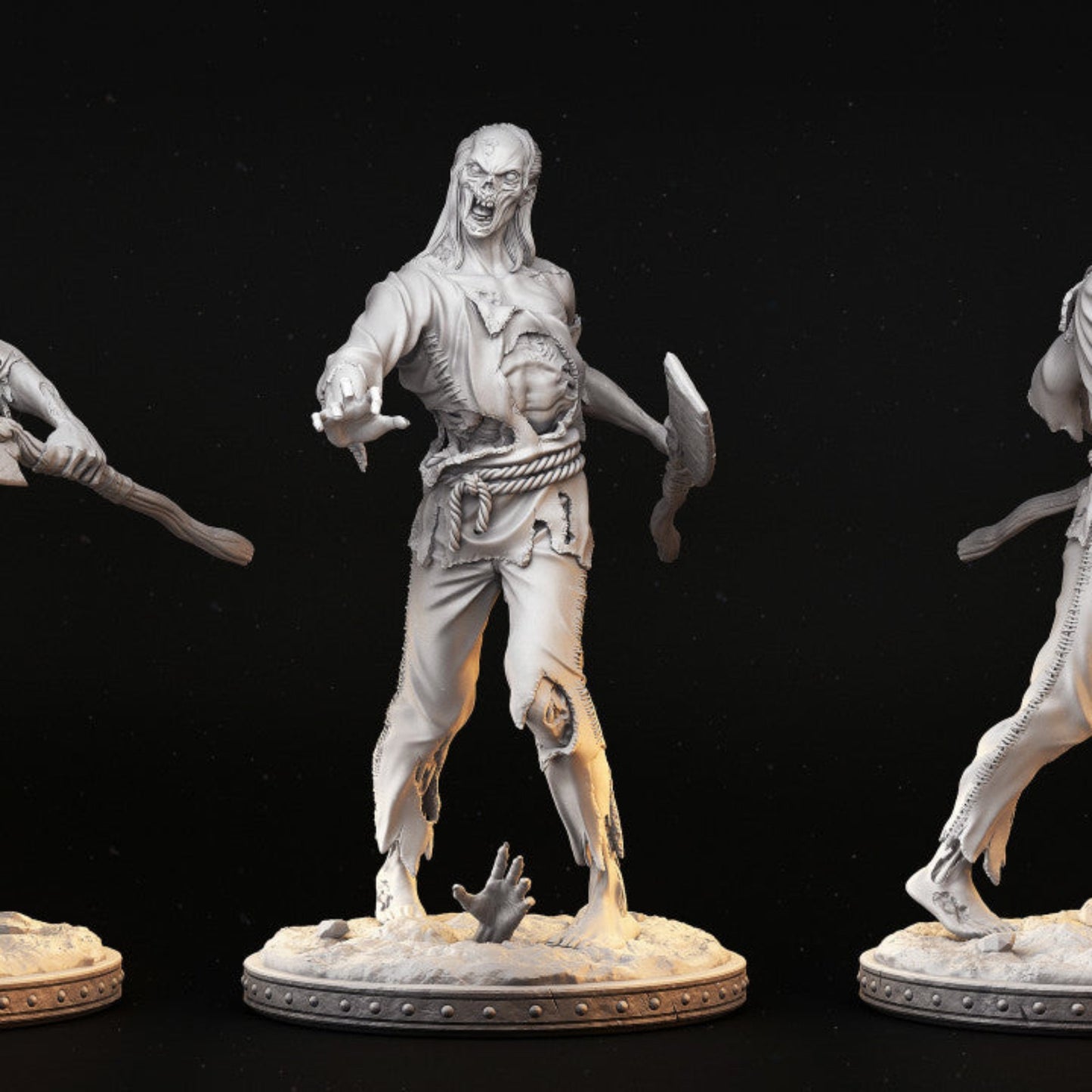 Zombie miniature with tattered clothing and decaying features for tabletop RPGs.