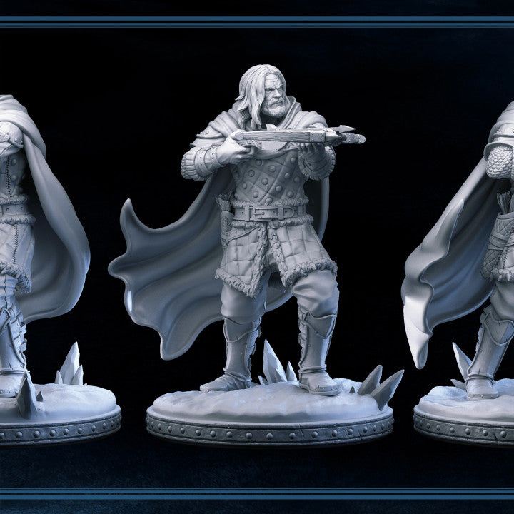 A 3D-printed miniature of Magnus the Mercenary, a warrior holding a crossbow, dressed in fur-lined armor with a flowing cape, suitable for various tabletop RPGs.