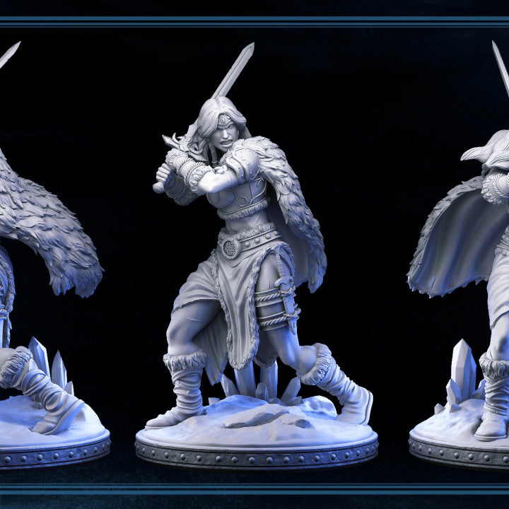 A 3D-printed miniature of a Valkyrie Barbarian, depicted in mid-swing with a sword, clad in detailed armor and fur, ideal for D&D, Pathfinder, or other tabletop RPGs.