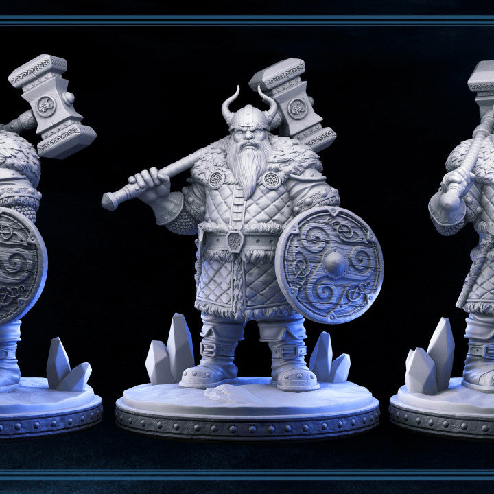 A 3D-printed miniature of Argos the Ironberg, a dwarf warrior holding a massive hammer over his shoulder and a detailed round shield in the other hand. He wears a horned helmet and heavy armor, making him perfect for any tabletop RPG setting.