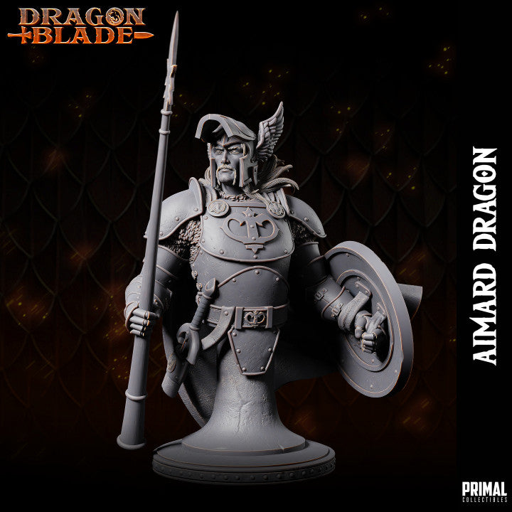 Aimard Dragon, shown as a bust with an open helmet, revealing a determined expression and detailed facial features, while still holding a spear and shield in his fully armored figure.