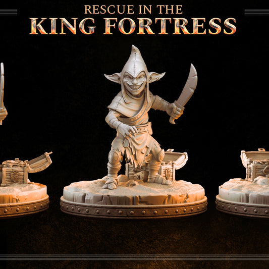 Goblin holding a curved sword, standing on a rocky base with treasure chests.