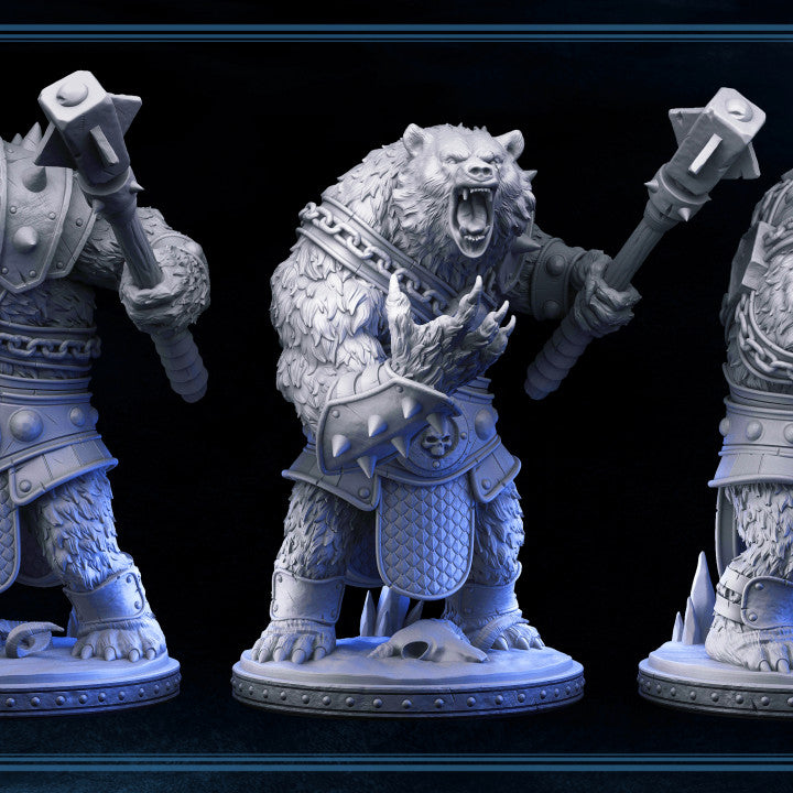 A 3D-printed War Bear miniature depicted roaring with a large mace in hand, clad in heavy armor with spiked details, ready for battle in tabletop RPGs.