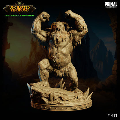 A roaring Yeti with fur-covered body, raised arms, and sharp horns standing on a rocky terrain with bones and icy spikes.