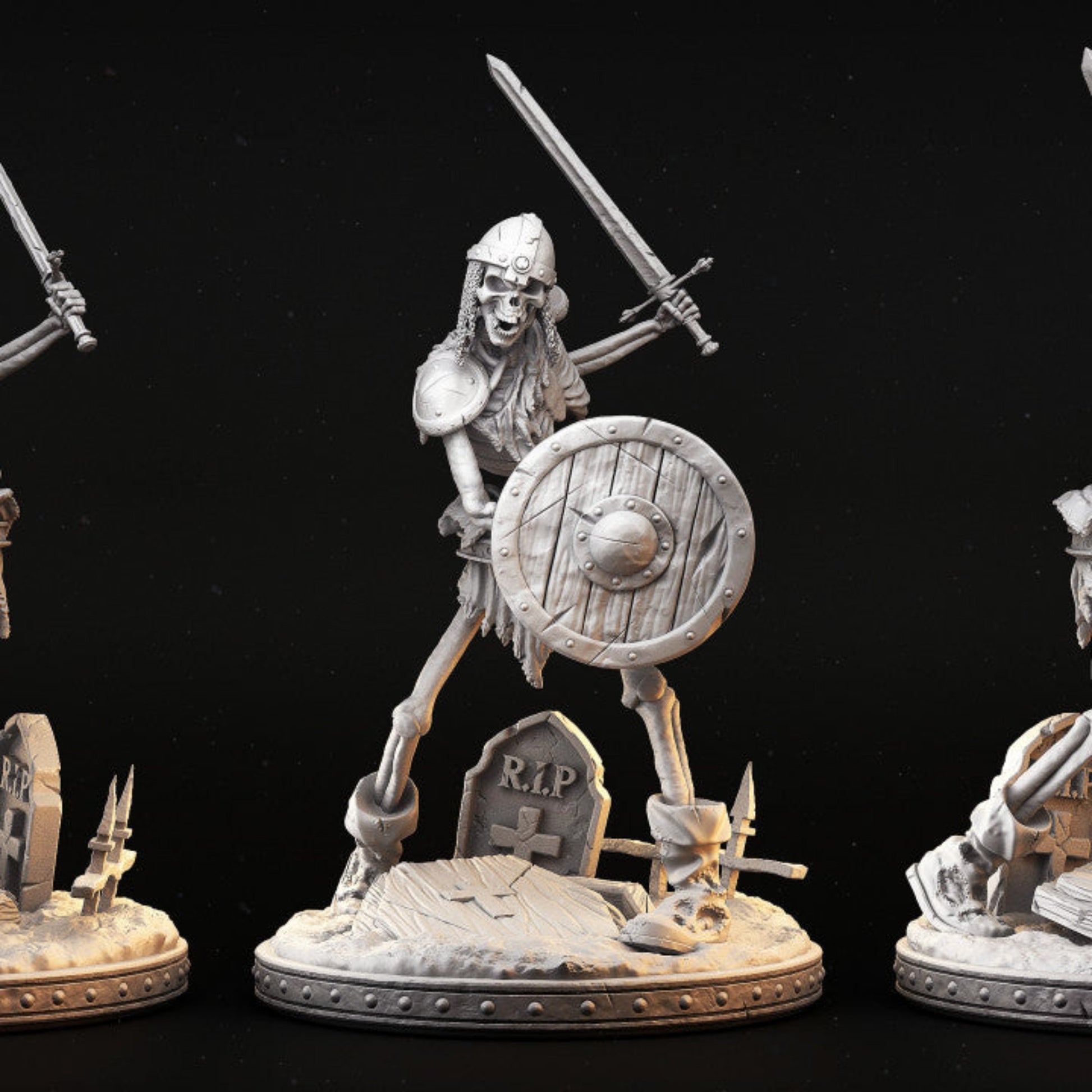 Skeleton soldier with a sword and shield standing on a gravestone base for RPG miniatures.