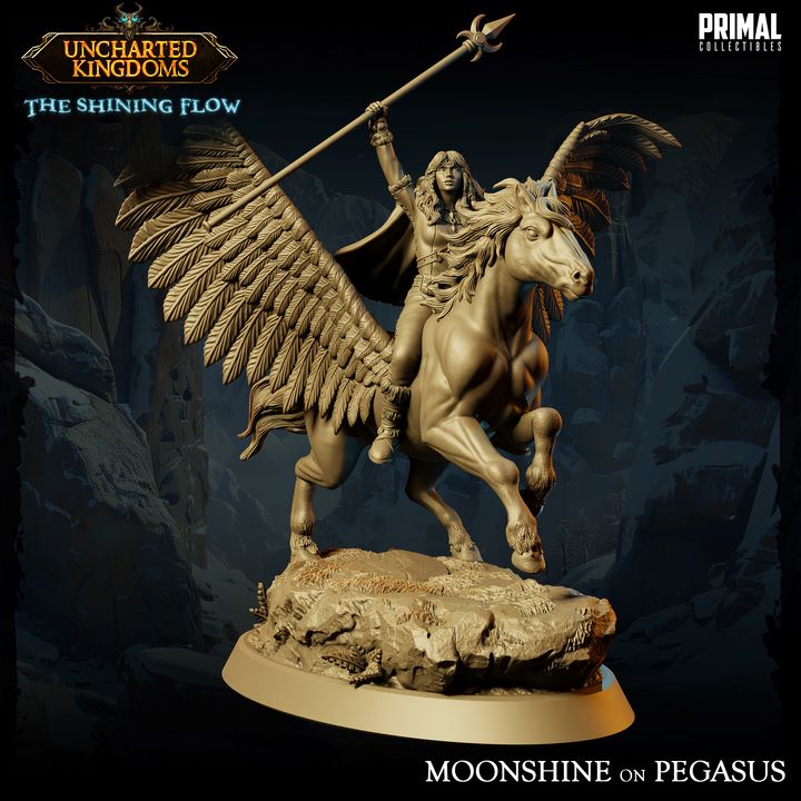 Miniature of Moonshine on Pegasus with a female warrior holding a spear, front view.