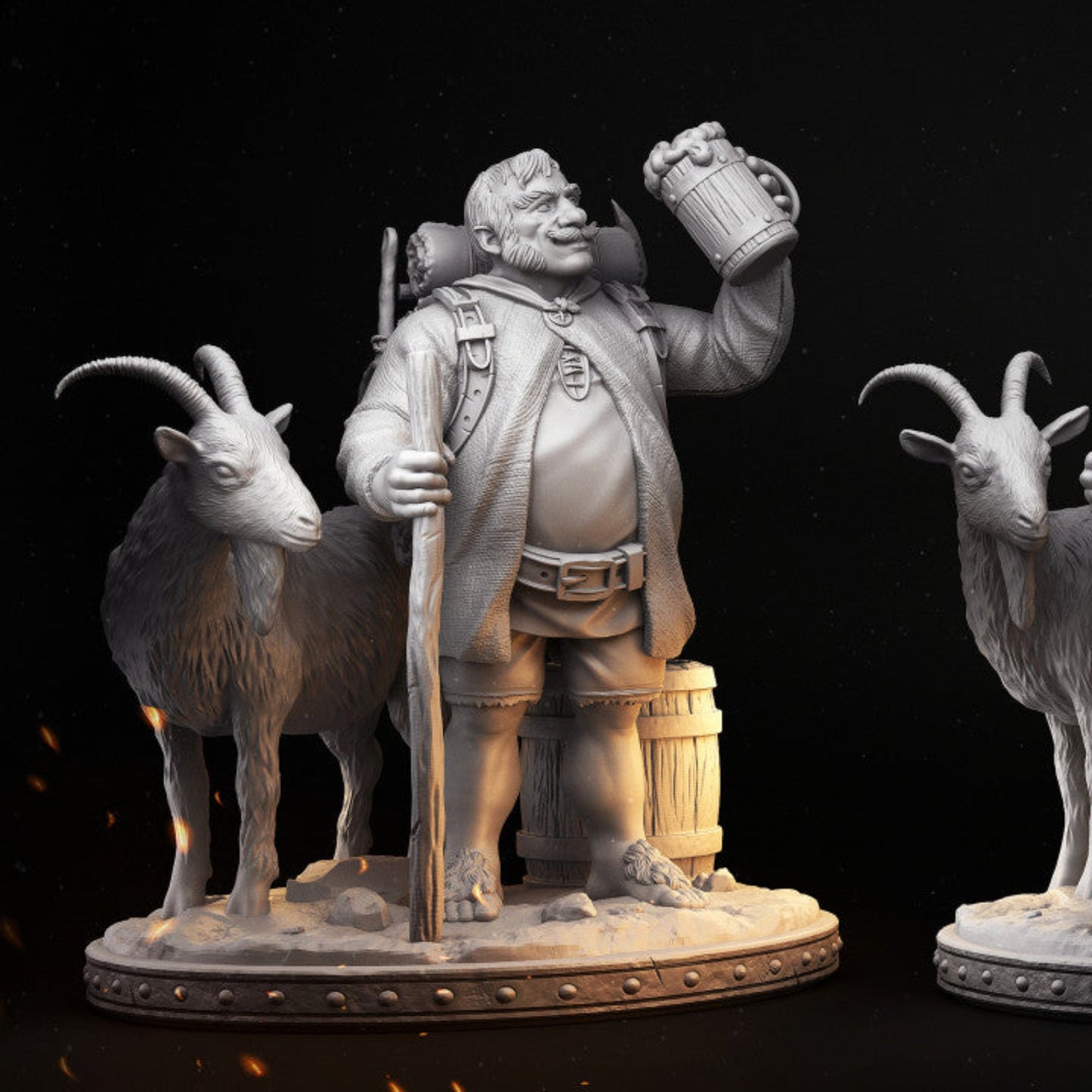 Bronson, a male halfling miniature, holding a mug with a goat by his side, wearing a tunic and belt, smiling jovially.