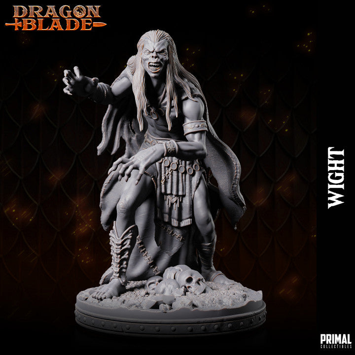 Wight figure standing over skulls with a menacing pose, ideal for D&D and other TTRPGs.